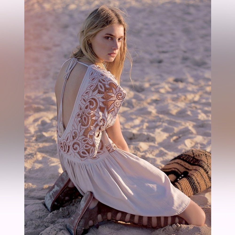 Rare Free People Ayu embroidered crochet tassel dress XS